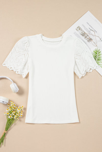 White Eyelet Pattern Short Sleeve Patchwork Ribbed Top