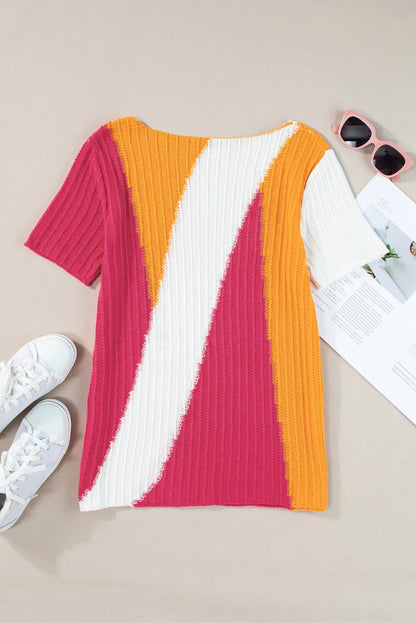 Tops/Short Sleeve Sweaters Orange Textured Knit Colorblock Short Sleeve Sweater