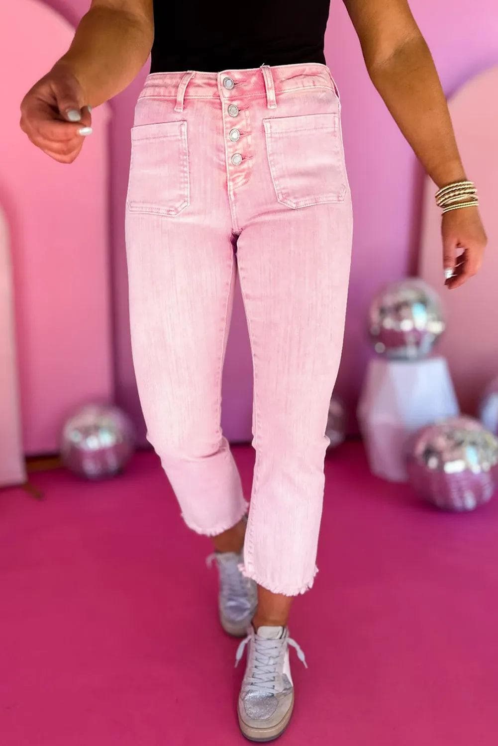 Bottoms/Jeans Apricot Pink / 6 / 98%Cotton+2%Elastane Apricot Pink Multi Buttons Raw Edge Crop Jeans