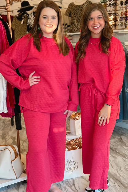 Two Piece Sets/Pant Sets Strawberry Pink Checkered Textured Split Pullover Top and Pants Set