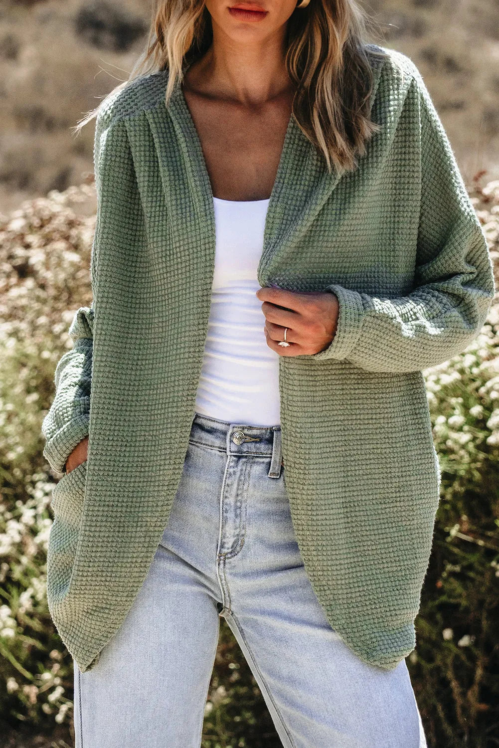 Laurel Green Waffle Knit Open Front Cardigan - Chic Meadow Boutique 