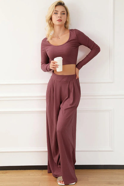 Solid Color Ribbed Crop Top Long Pants Set - Chic Meadow Boutique 