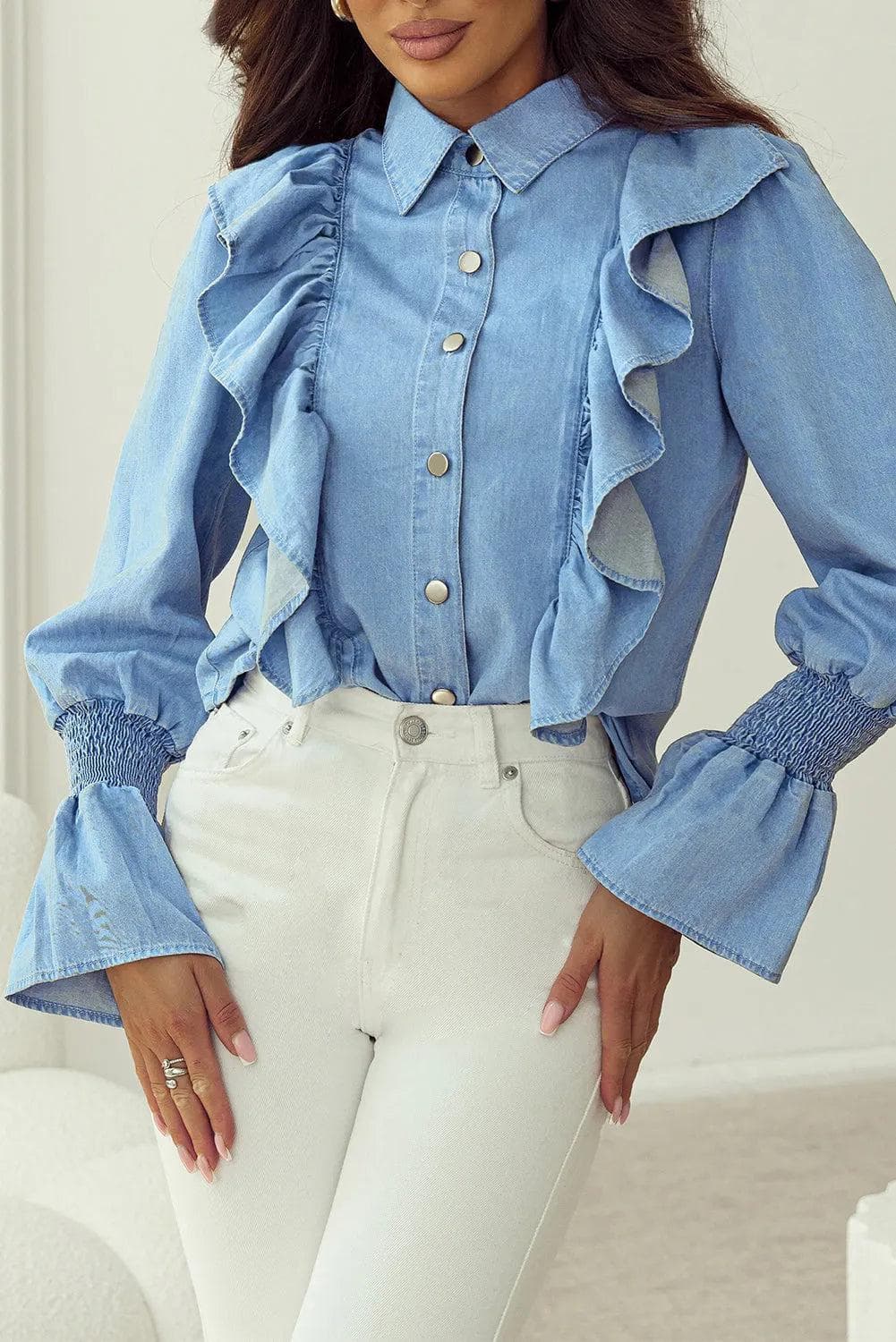 Tops/Blouses & Shirts Myosotis Ruffled Shirred Cuffs Button up Chambray Shirt