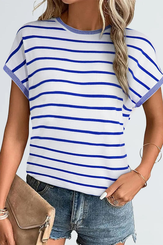 Sky Blue Stripe Knitted Bat Sleeve T Shirt - Chic Meadow Boutique 