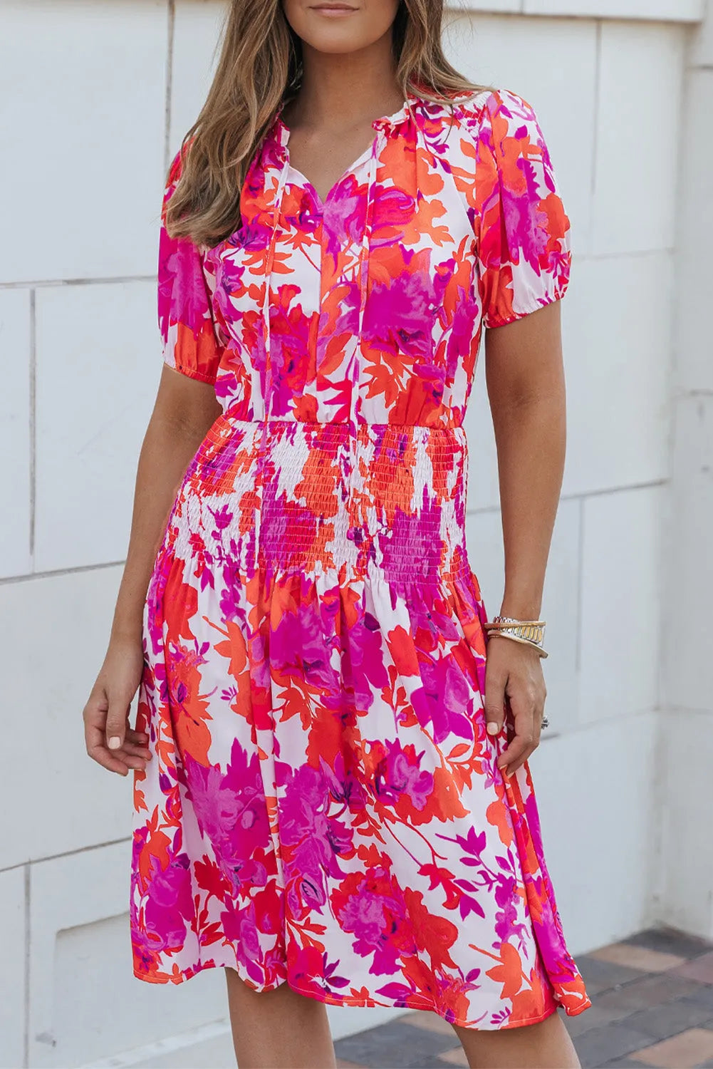 Rose Floral Smocked Waist Bubble Sleeve Flare Dress - Chic Meadow Boutique 