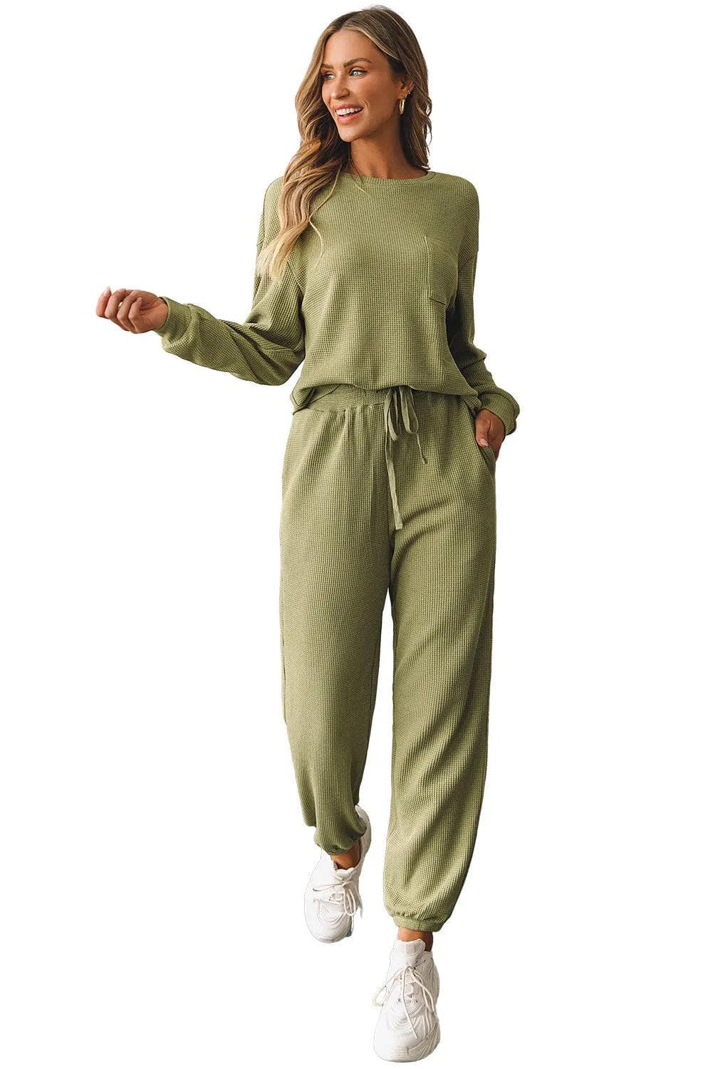 Laurel Green Waffle Knit Long Sleeve Top Drawstring Joggers Set - Chic Meadow Boutique 