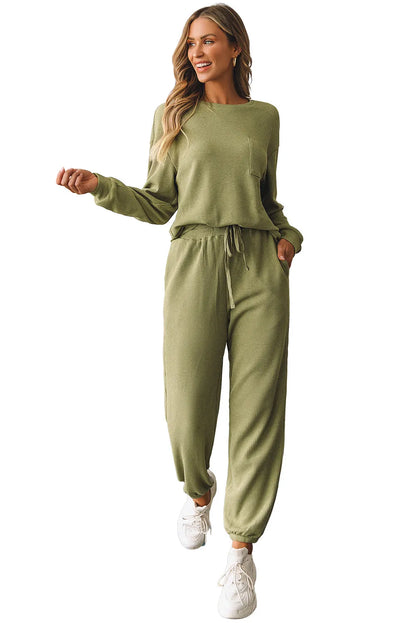 Laurel Green Waffle Knit Long Sleeve Top Drawstring Joggers Set - Chic Meadow Boutique 