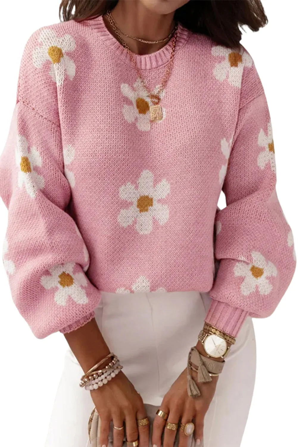 Tops/Sweaters & Cardigans Pink Floral Pattern Drop Shoulder Sweater