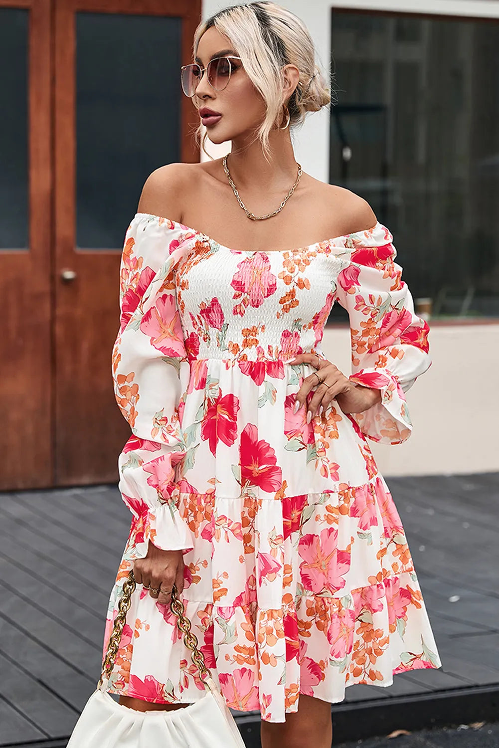 Fiery Red Smocked Tiered Floral Dress - Chic Meadow Boutique 