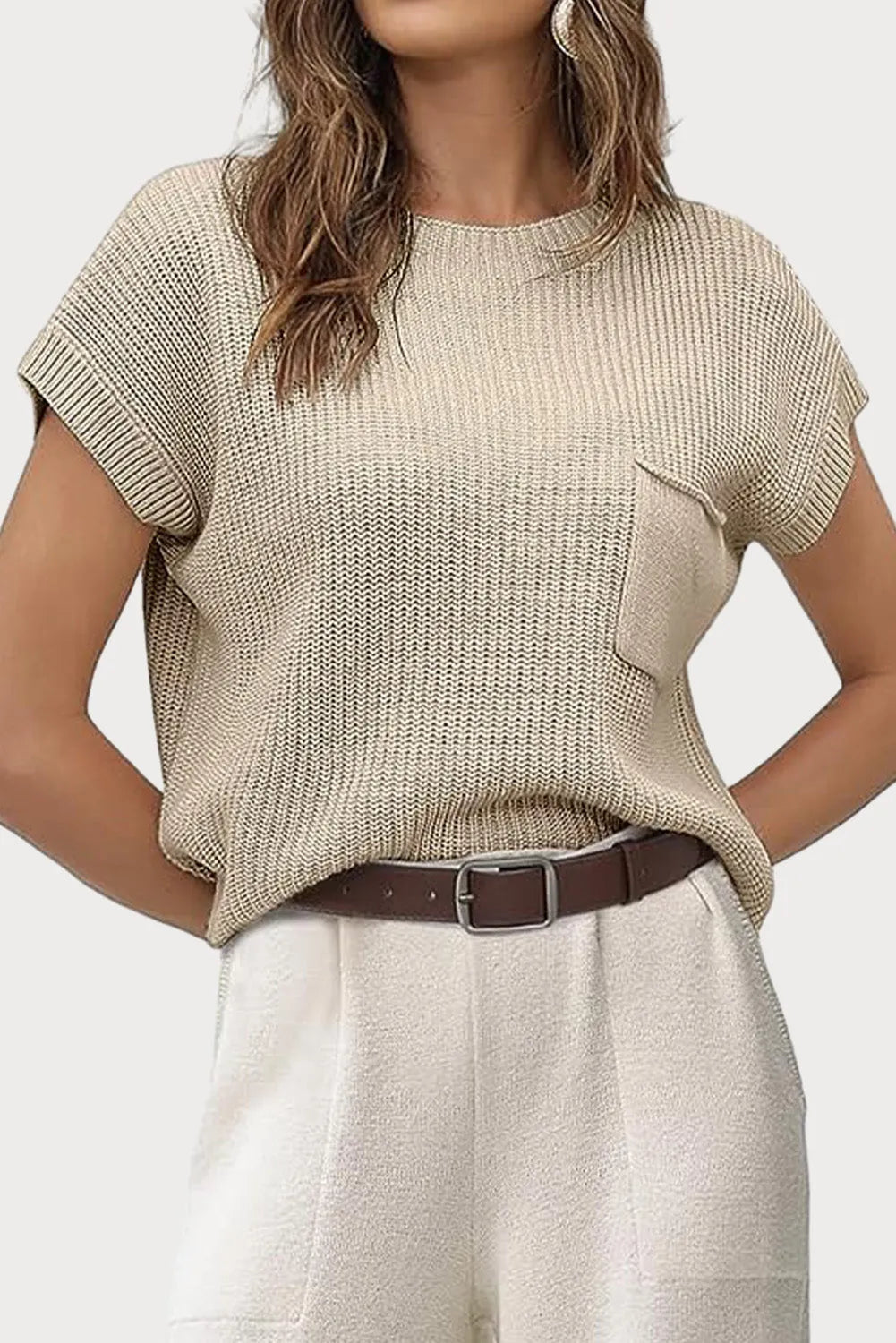 Pale Khaki Patch Pocket Short Sleeve Sweater - Chic Meadow Boutique 