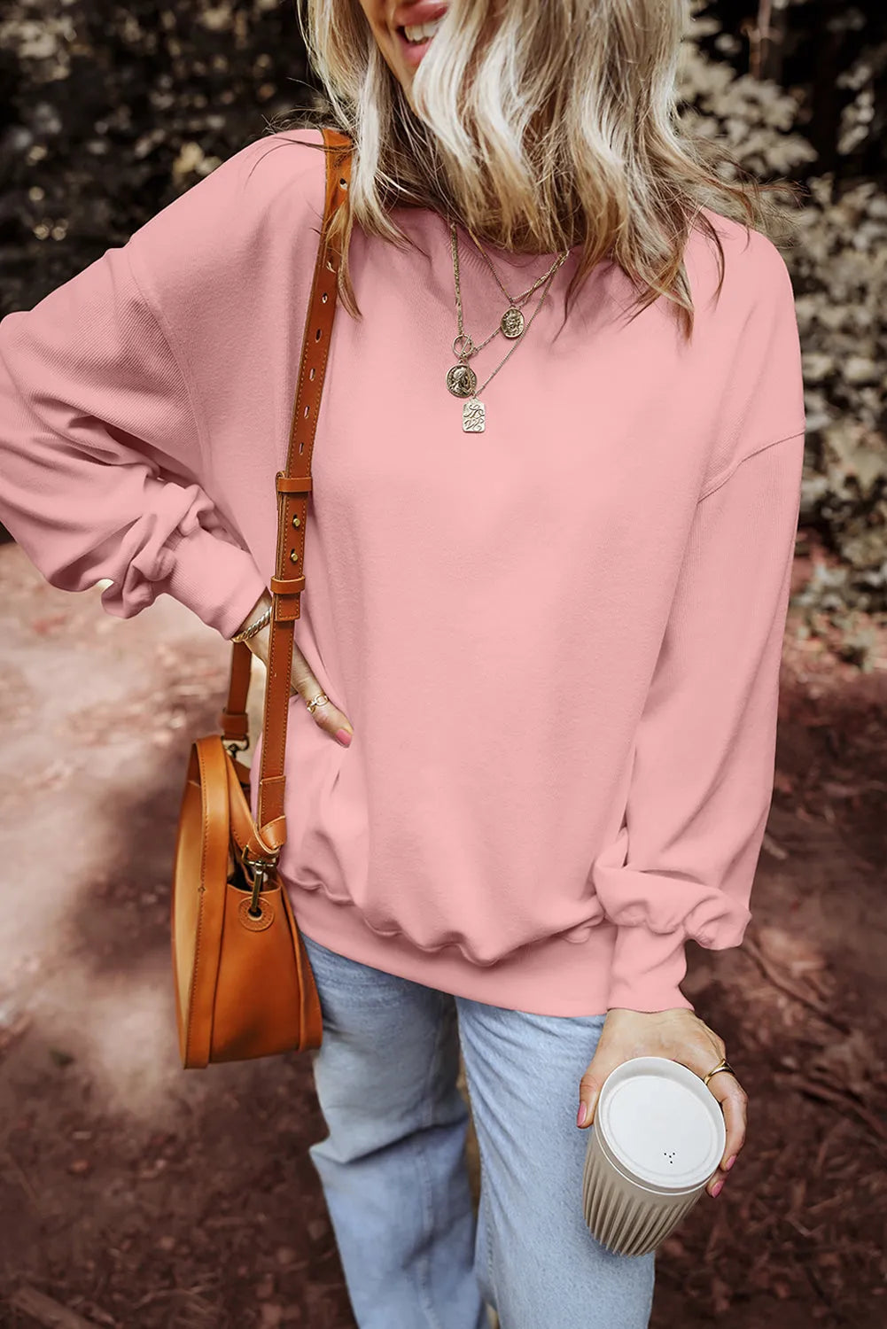 Pink Loose Drop Shoulder Ribbed Sweatshirt - Chic Meadow Boutique 