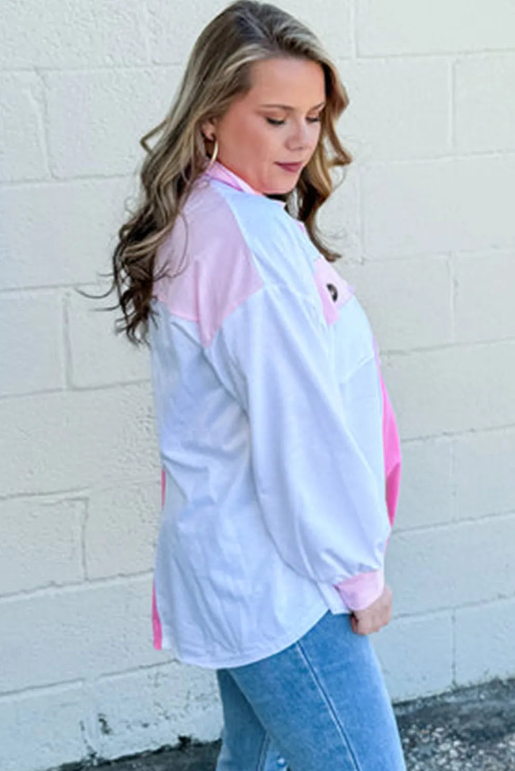 Bonbon Color Block Chest Pockets Half Button Plus Size Sweatshirt - Chic Meadow Boutique 