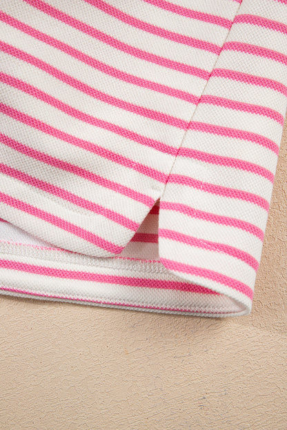 Pink Stripe Collared V Neck Drop Shoulder Pullover and Skort 2pcs Outfit