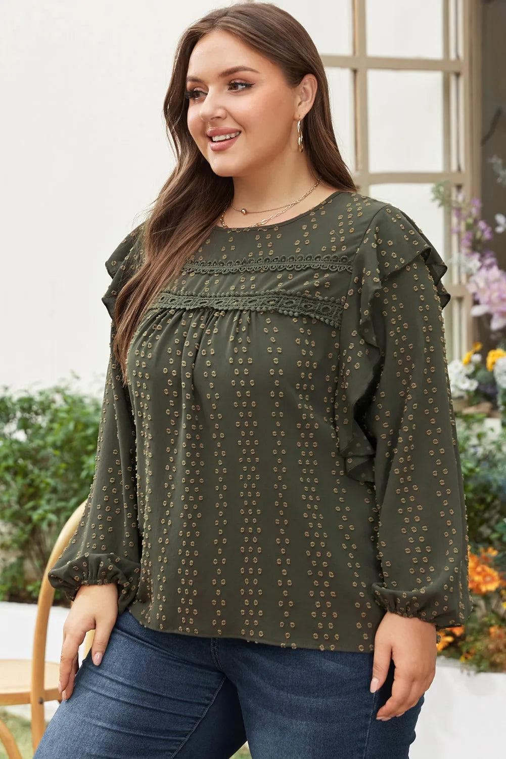 Plus Size/Plus Size Tops/Plus Size Blouses & Shirts Mist Green Plus Lace Swiss Dot Ruffle Long Sleeve Top