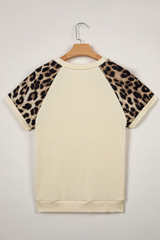 Apricot Ribbed Color Block Leopard Contrast Sleeve Loose Tee