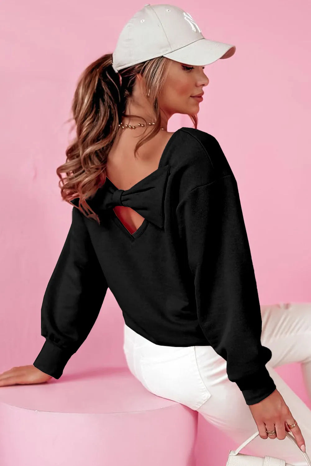 Black Bowknot Dewback Round Neck Sweatshirt - Chic Meadow Boutique 