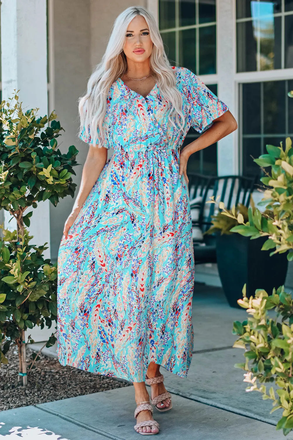 Dresses/Floral Dresses Green Wrap V Neck Floral Maxi Dress