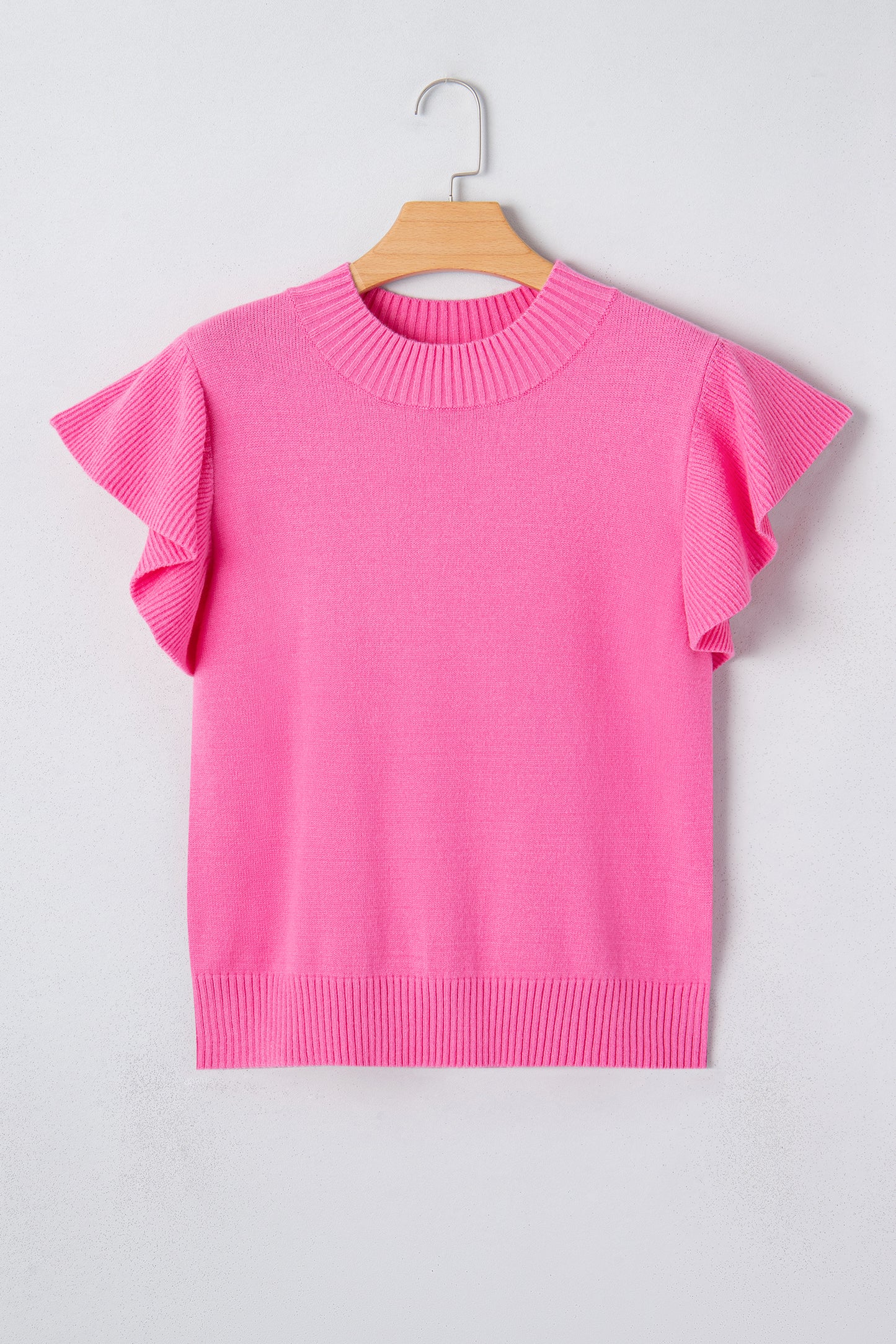 Sachet Pink Solid Color Ribbed Trim Round Neck Ruffle Short Sleeve Sweater