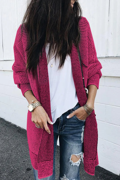 Rose Plaid Knitted Long Open Front Cardigan - Chic Meadow Boutique 