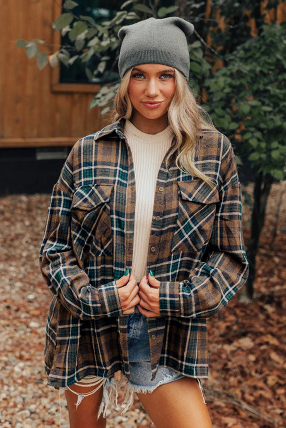 Brown Plaid Print Chest Pockets Buttoned Shirt Jacket - Chic Meadow Boutique 