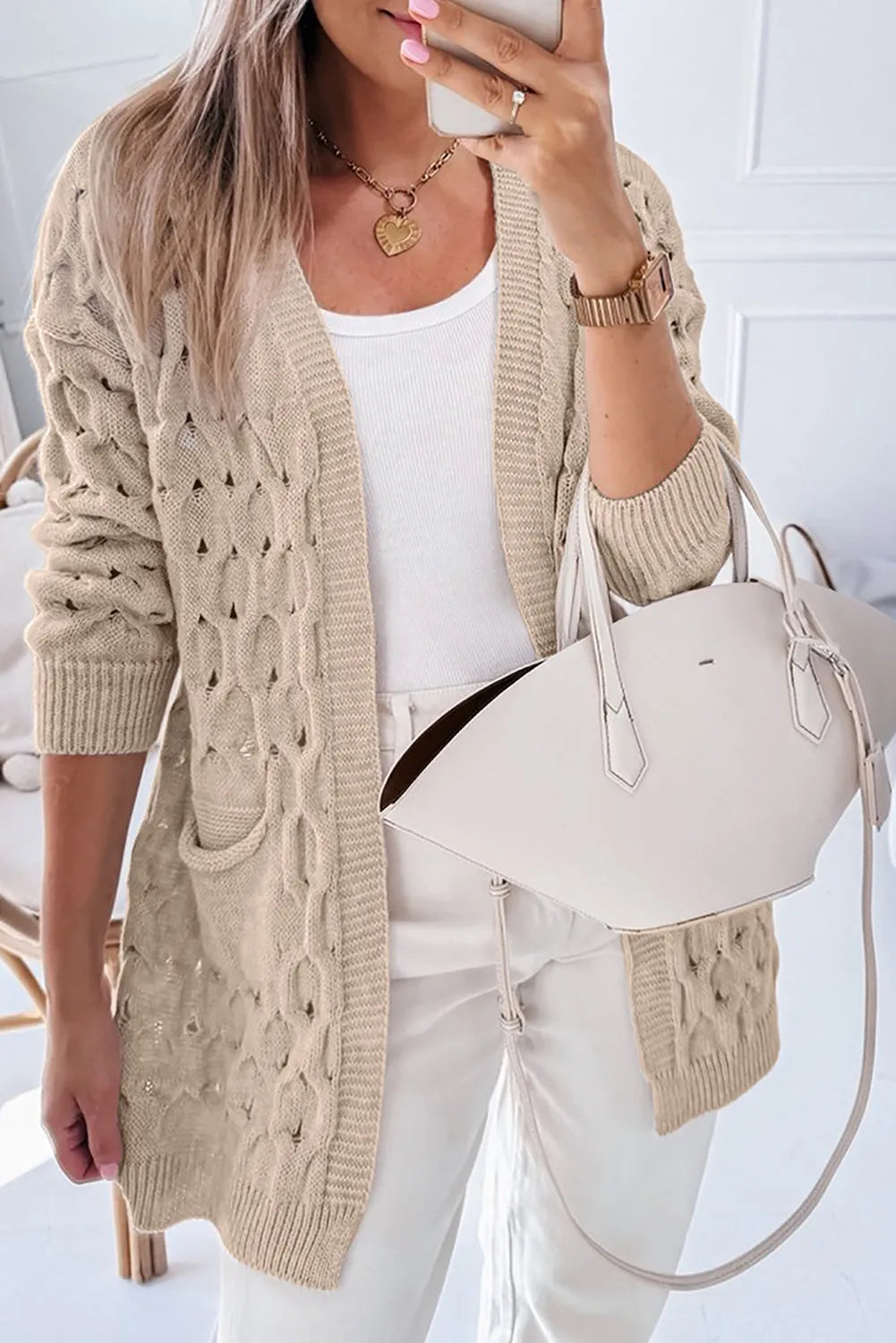 Jet Stream Cable Knit Eyelet Side Pockets Baggy Cardigan - Chic Meadow Boutique 