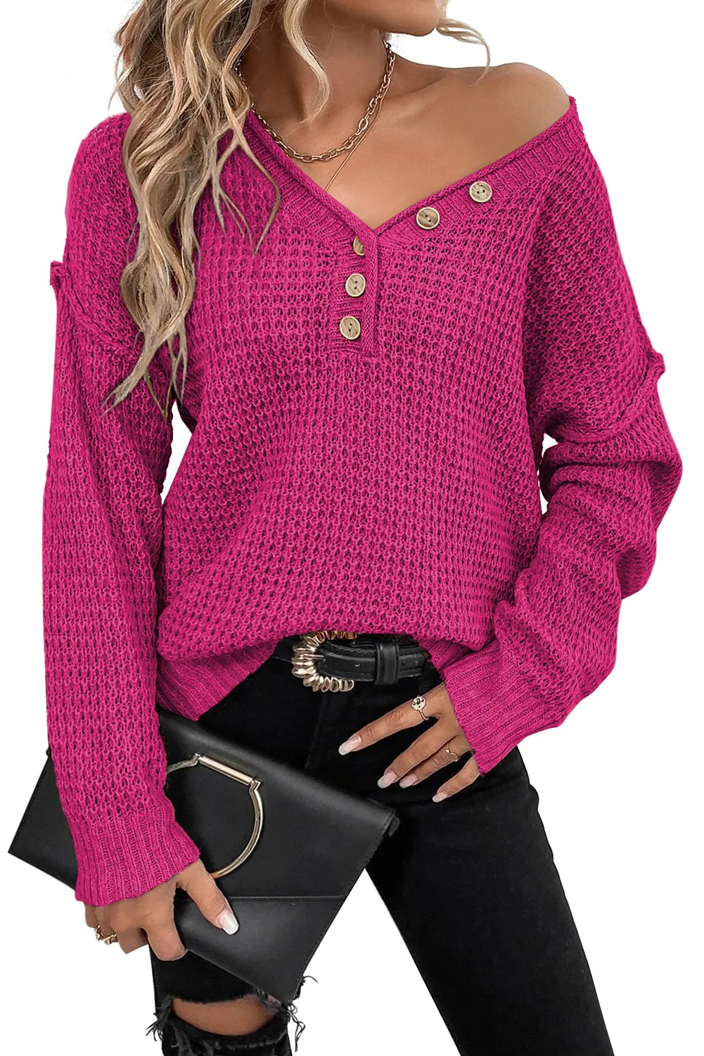 Rose Red Pointelle Knit Button V Neck Drop Shoulder Sweater - Chic Meadow Boutique 