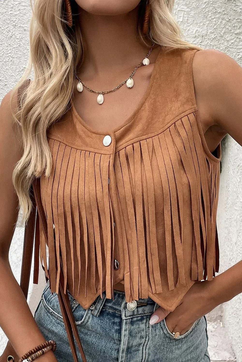 Camel Fringed Snap Button Front Suedette Vest - Chic Meadow Boutique 