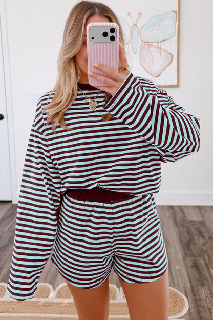 Brown Stripe Relaxed Long Sleeve Top Contrast Elastic Waistband Short Set
