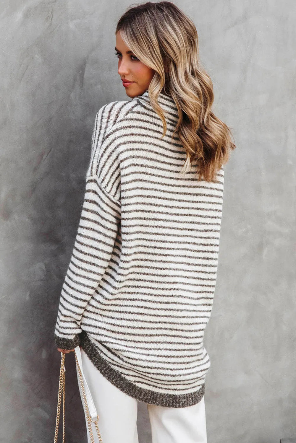 Khaki Striped Turtleneck Loose Sweater - Chic Meadow Boutique 