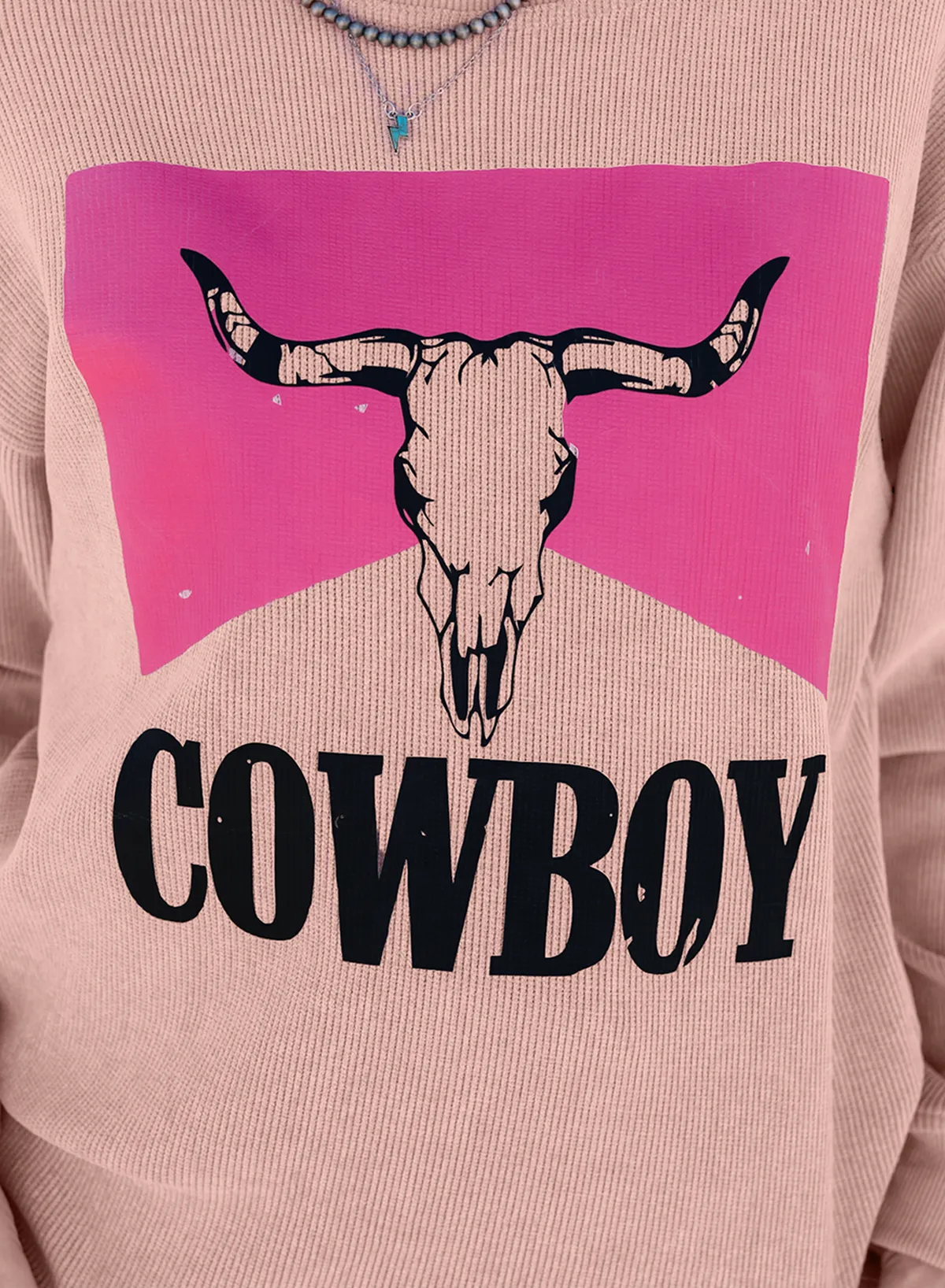 Pink Steer Head Cowboy Print Corded Pullover Sweatshirt - Chic Meadow Boutique 