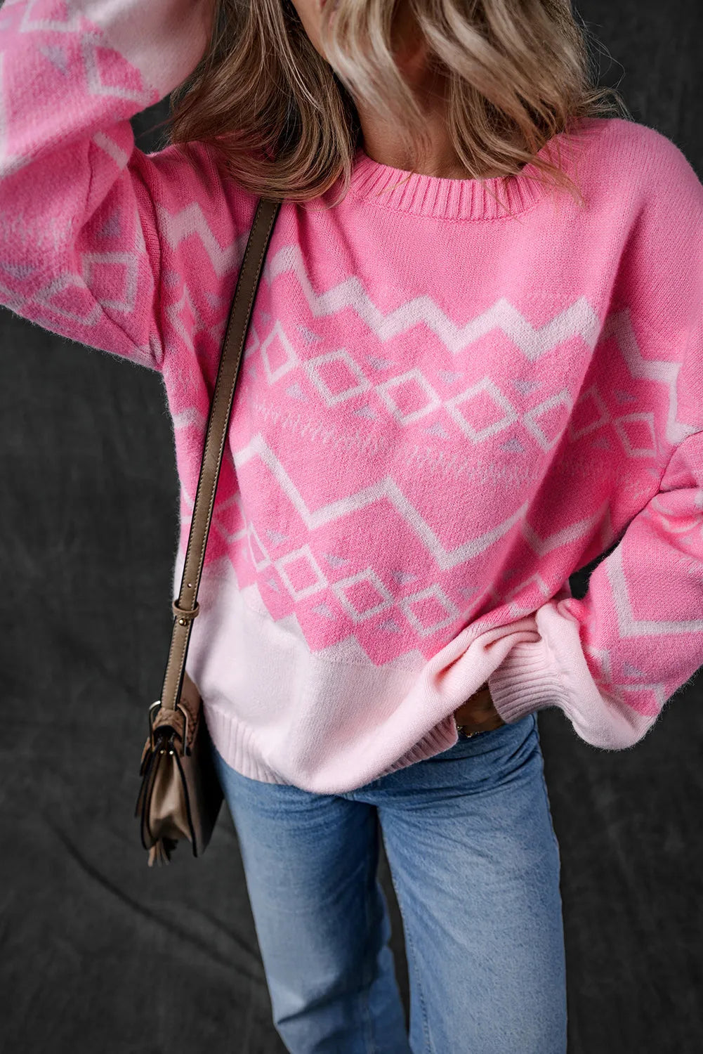 Pink Western Aztec Geometric Drop Shoulder Sweater - Chic Meadow Boutique 