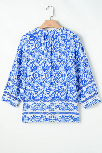 Blue Boho Printed 3/4 Sleeve Tied Neck Blouse - Chic Meadow Boutique 