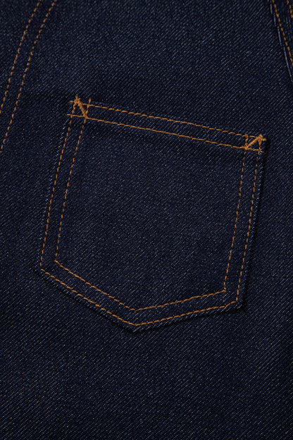 Navy Blue Contrast Collar Stitched Detail Button Denim Jacket