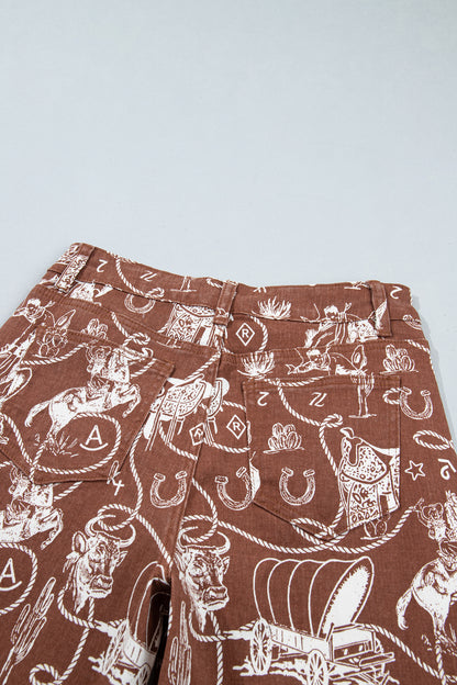 Brown Western Print Casual Shift Jeans