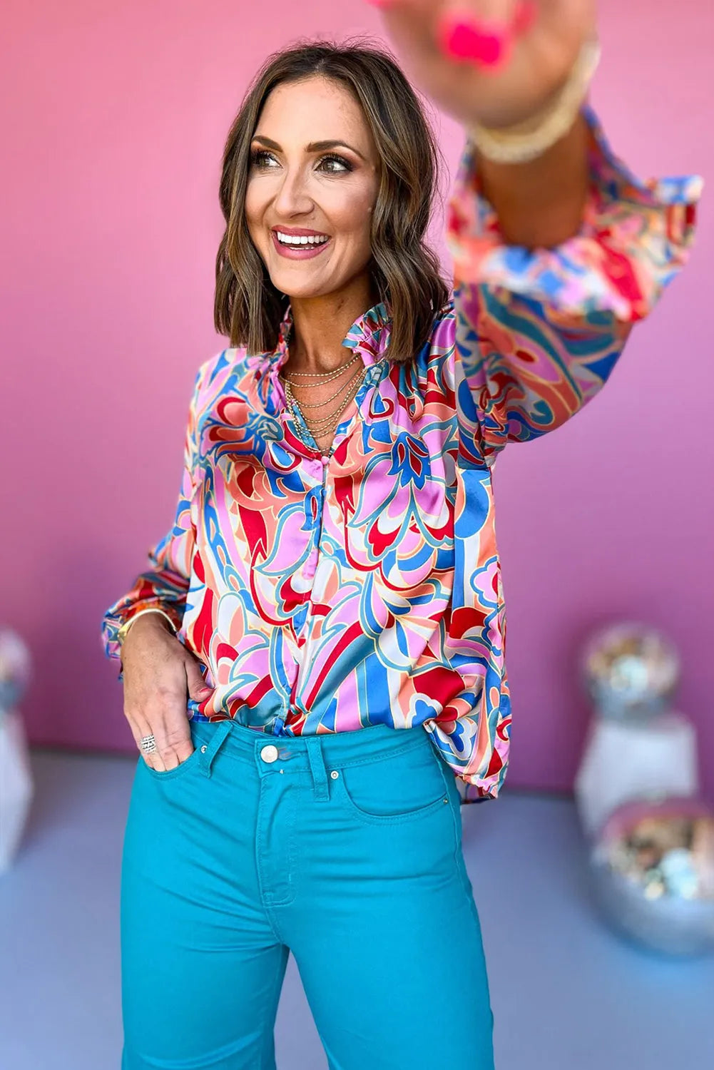 Pink Abstract Print Frilly Neck Ruffled Sleeve Blouse - Chic Meadow Boutique 