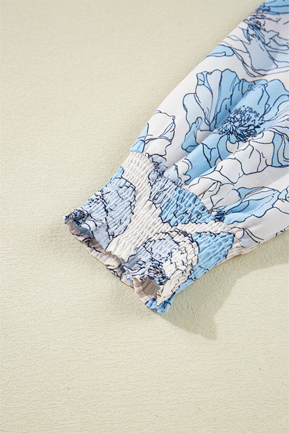 Sky Blue Floral Print Frilly Smocked Square Neck Long Sleeve Blouse