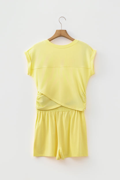 Yellow Cream Solid Short Sleeve Elastic Waist Pocket Casual Two Piece Short Set