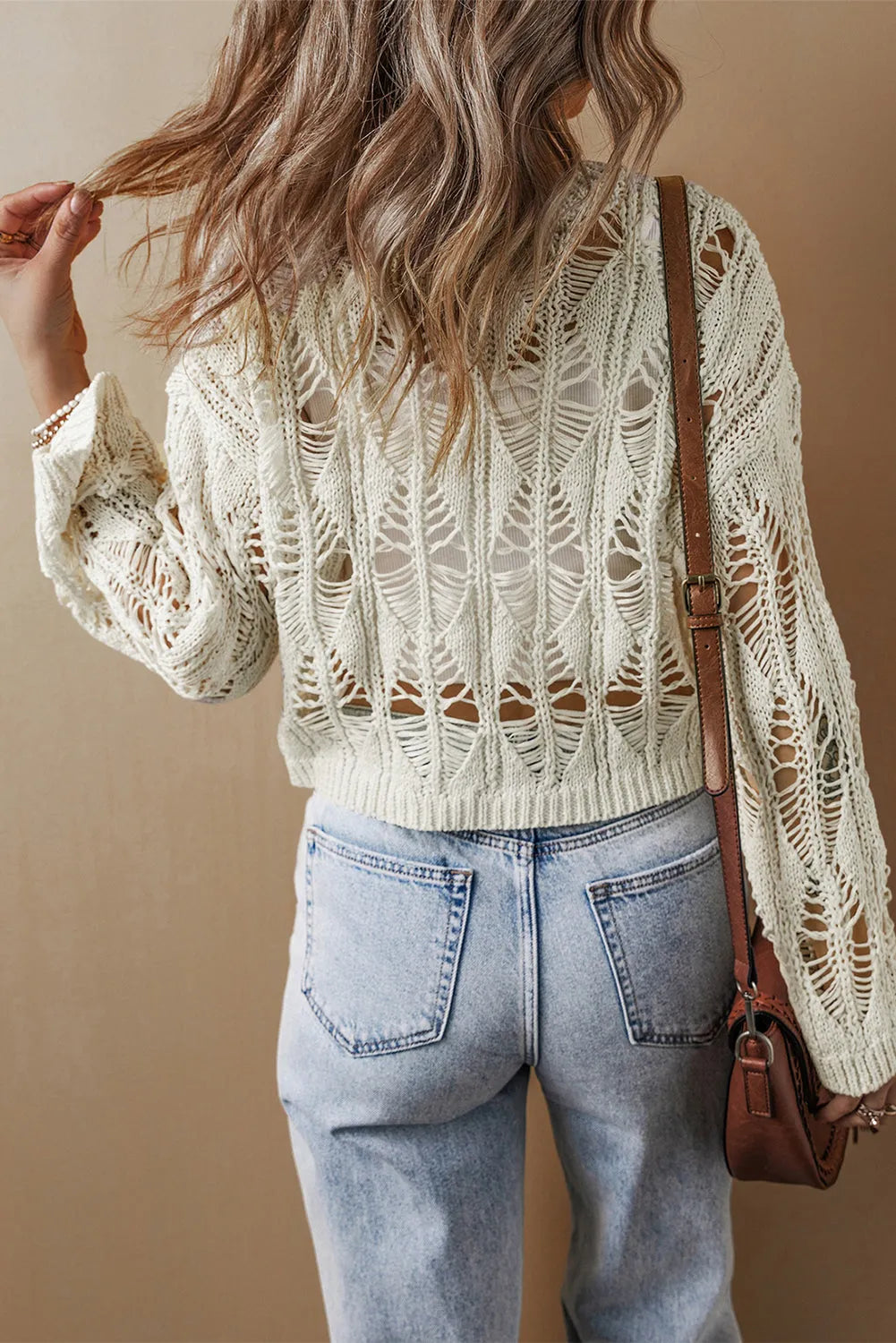 White Cut Out Crochet Crew Neck Loose Fit Sweater - Chic Meadow Boutique 