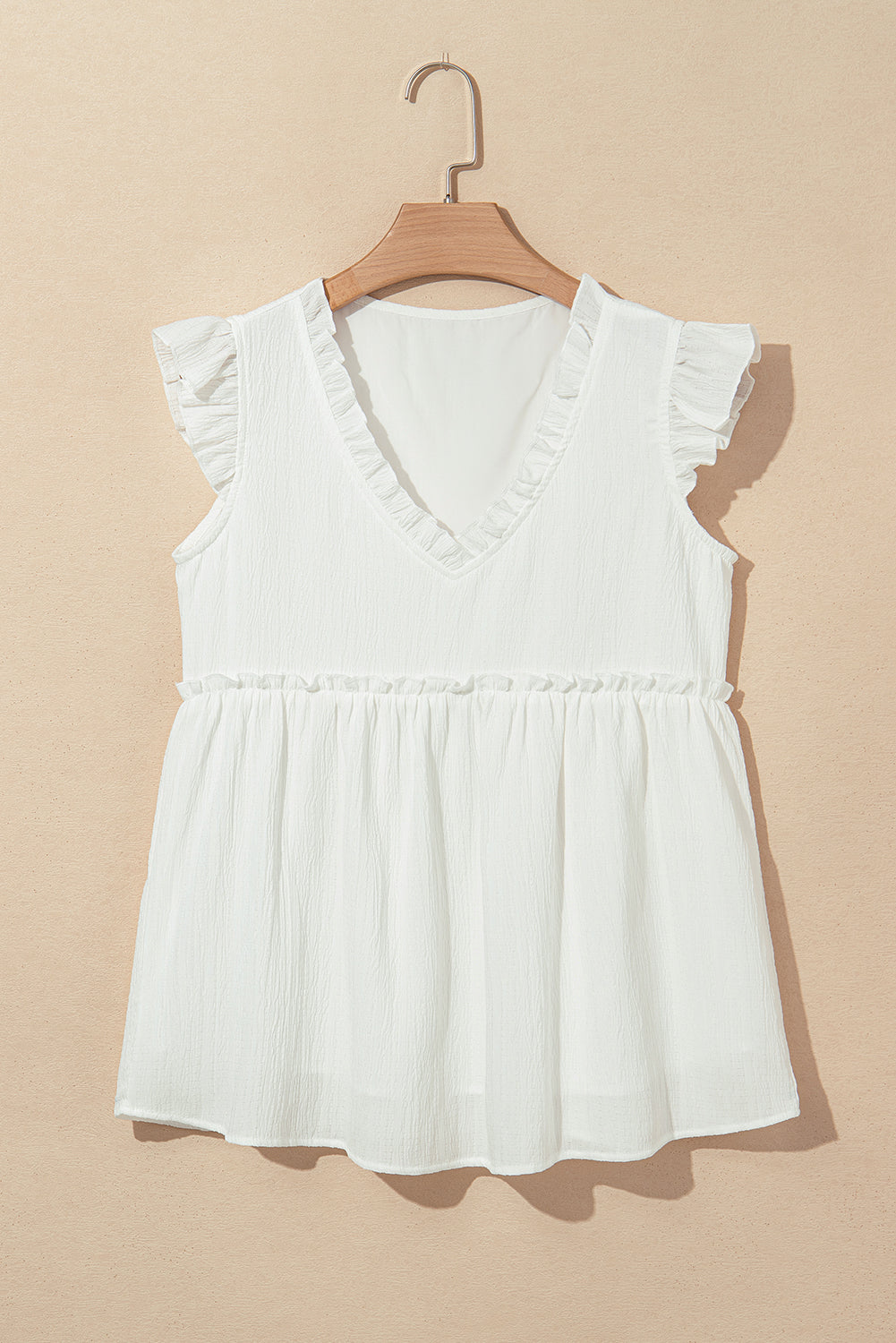 White Textured Ruffled Trim V Neck Flutter Flowy Top