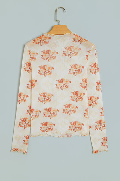 Apricot Floral Print Slim Fit Mesh Long Sleeve Mock Neck Top