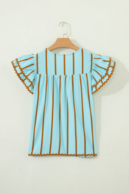 Sky Blue Stripe Ricrac Trim Double Ruffled Short Sleeve V Neck Blouse