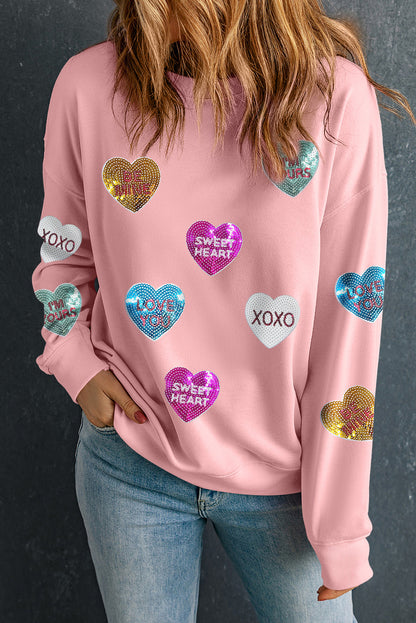 Pink Sequin Romantic Letters Heart Graphic Valentines Sweatshirt