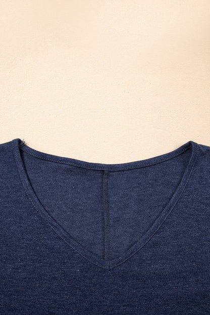 Sail Blue Solid Colour V-Neck Double Layer Sleeve Loose T-Shirt