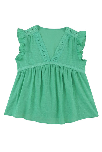 Green Eyelet V Neckline Ruffle Swiss Dot Top - Chic Meadow Boutique 