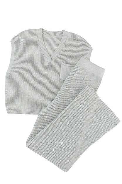 Two Piece Sets/Pant Sets Gray Knitted V Neck Sweater and Casual Pants Set