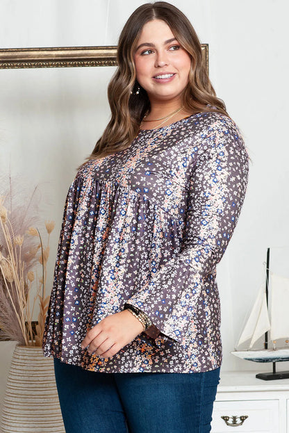 Purple Floral Print Round Neck Plus Size Babydoll Blouse - Chic Meadow Boutique 