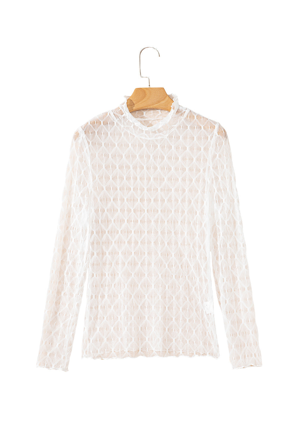 Beige Sheer Mesh Patterned Lettuce Trim Slim Long Sleeve Top