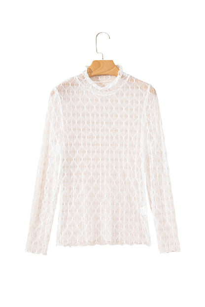 Beige Sheer Mesh Patterned Lettuce Trim Slim Long Sleeve Top