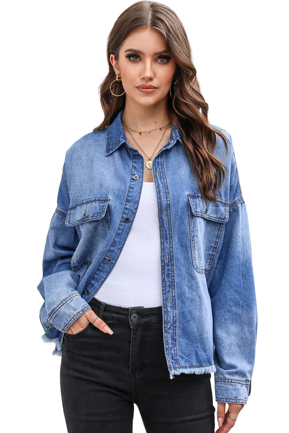 Sky Blue Flap Pockets Raw Hem Denim Shacket - Chic Meadow Boutique 