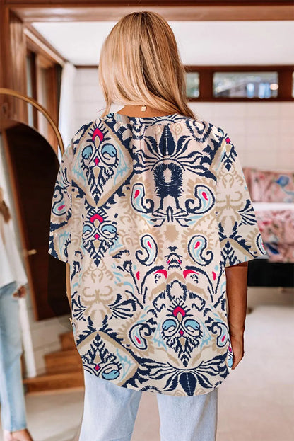 White Abstract Printed Notched V Neck Split Half Sleeve Blouse - Chic Meadow Boutique 